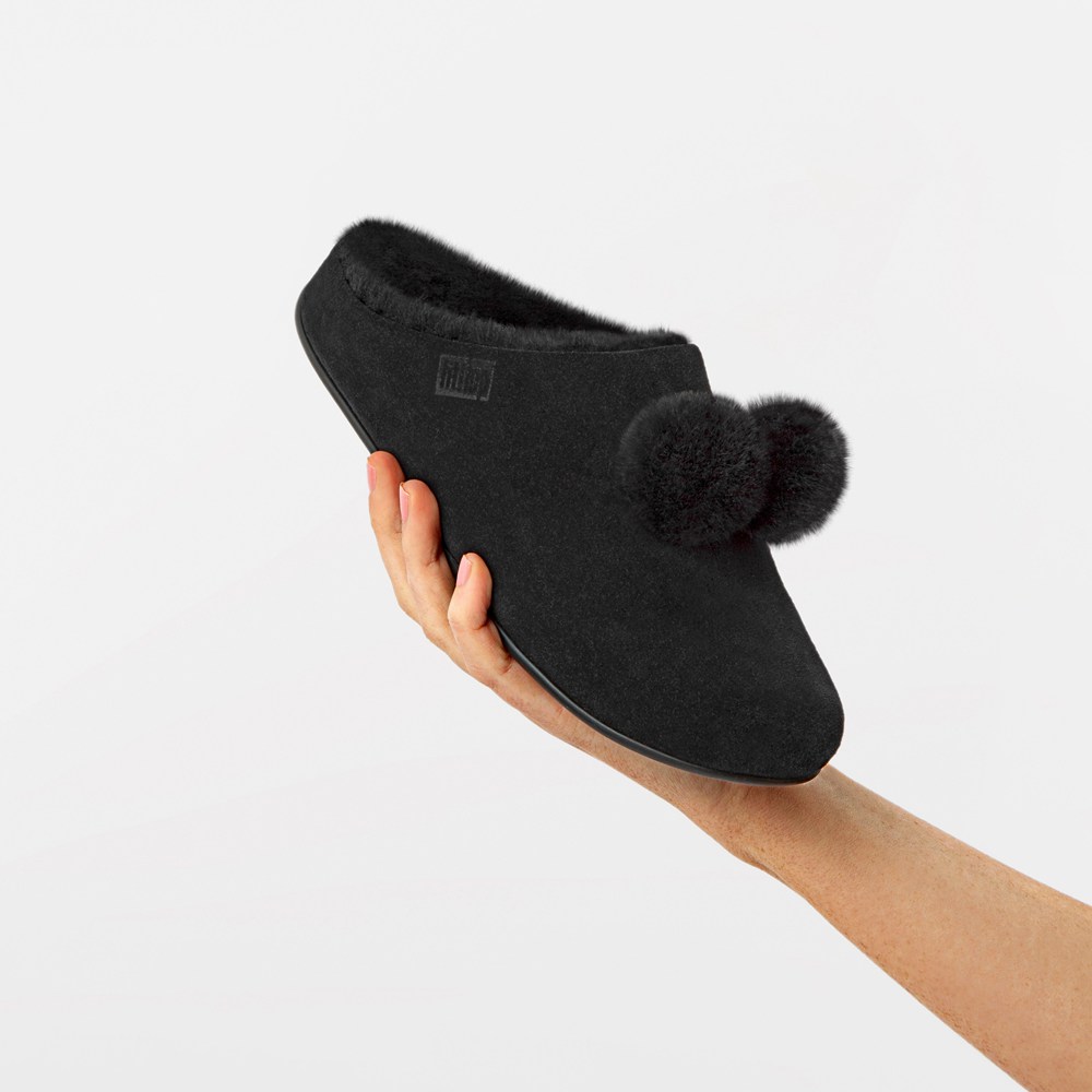 Fitflop Chrissie Pom-Pom Shearling - Bayan Terlik Siyah - 18LJCMARQ